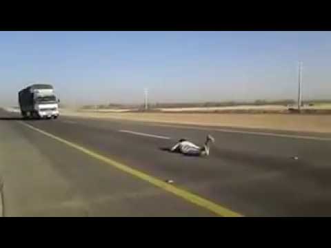 شاهد … شاب يستلقي أمام شاحنة مسرعة كادت تدهسه