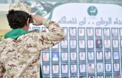 صورة متداولة لابن أحد الشهداء يؤدي التحية العسكرية أمام لوحة لشهداء الوطن